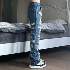 Threebooy American Style Broken Hole Old Jeans Loose Hundred New Pants Men's Streetwear Baggy Jeans Y2k Jeans Ripped Jeans Men Pants