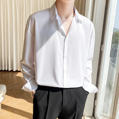 Threebooy Autumn Men's Long Sleeve Shirts Fashion Korean Baggy No-iron Business Casual Elasticity Lapel Collar Shirt White Light Blue