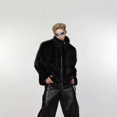 Threebooy 90s Fashion Faux Fur Jacket Men Winter Thickened Cotton Clothing Senior Sense Streetwear Faux Fur Coat