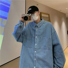 Threebooy Denim Long-sleeved Shirt Men's Solid Color Autumn Korean Style Trendy Simple Shirt Hong Kong Style Loose and Handsome Ins Jacket