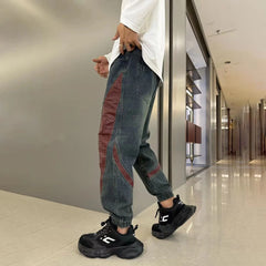 Threebooy Mens Street Hip-Hop Y2k Jeans Autumn New Fashion Trend Contrast Color Stitching Trousers Loose Slim Elastic Waist Harem Pants