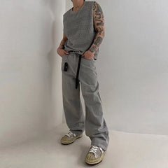 Threebooy New Men Casual Hollow Out Tank Tops Leisure Splicing Solid Color Sleeveless Tees Fashion Streetwear Fitness Stretch Knitted Vest