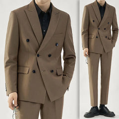 Threebooy New black suit set for men slim fit British handsome double breasted wedding dress groomsman suit for men