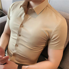 Threebooy Men High-grade Pure Cotton Short Sleeve Shirts/Male Slim Fit Silky Wash and Wear Casual Solid Color Shirt Tops Dress Shirts