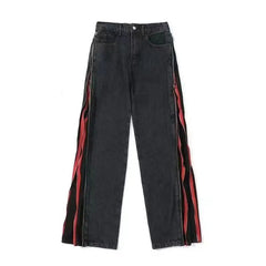 Threebooy Summer American Street Trendy Hip Hop Black and Red Double Zipper Washed Jeans for Men and Women Loose Wide Leg Casual Pants y2k