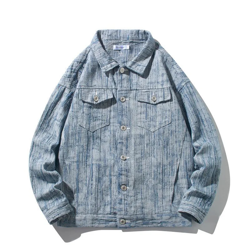 Threebooy Spring Men Lapel Denim Coat Jacquard patter Fashion Washed denim jacket Motorcycle Jeans Jacket Hommes loose Cotton Casual Coats