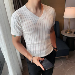 Threebooy Men's Summer Casual Knitting Ice Silk T-shirt/Male Slim Fit V-Neck Short Sleeve T-Shirt Slim Fit Tees Plus Size S-4XL