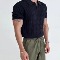 Threebooy Summer Clothing Men's Luxury Knitted Jacquard Skinny Polo Shirt Korean Popular Breathable Leisure V Neck Short Sleeve Knitwear