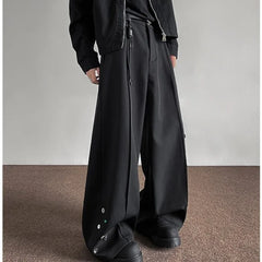 Threebooy Fashion Black Casual Pants Men Buttons Design High Street Hip-hop Wide Leg Mopping Trousers All-match Casual Korean Style