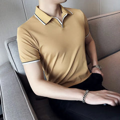 Threebooy Summer New Style Men's Casual Slim Fit Short Sleeve Solid Color POLO Shirt British Slim Lapel Color Blue T-shirt Polo S-4XL