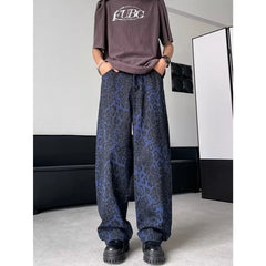 Threebooy Y2K Fashion Blue Leopard Straight Baggy Jeans Pants For Men Clothes Wide Leg Long Trousers