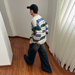 Threebooy Autumn Clothing Men's Knitted Light Luxury Pullovers Sweater Korean Vintage O Neck Striped Long Sleeve Knitwear New