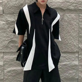 Threebooy Mens Polo Shirt Y2k Black White Contrast Half-Zip T Shirt Fashion Casual Personality Streetwear All-Match Tops Men'S Clothing