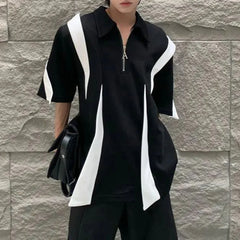 Threebooy Mens Polo Shirt Y2k Black White Contrast Half-Zip T Shirt Fashion Casual Personality Streetwear All-Match Tops Men'S Clothing