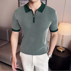 Threebooy Summer Striped Knitted Collar POIo Shirt Men Slim Fit Casual Business Lapel T-shirt Ice Silk Breathable Office Social POLOS