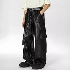 Threebooy American style hip-hop punk leather pants men's spring workwear pants high street multi pocket pants