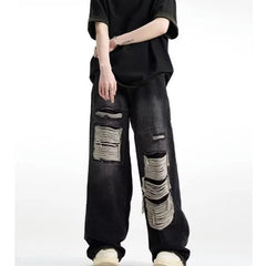 Threebooy Vintage ripped jeans men washed distressed loose wide legged straight leg floor length high street pants