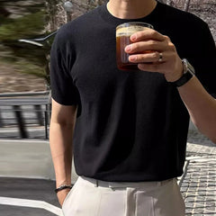 Threebooy New Men Fashion Tops Light Luxury Style Breathable O Neck Knitted T Shirt Casual Fitness Solid Color Short Sleeve Knitwear M-3XL