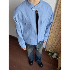 Threebooy Punk Spliced Jacket High-end Blue Short Work Cargo Coat Men's Handsome Trendy Solid Color Zipper Jacket All-match Top