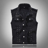 Threebooy Spring Fashion Men Rivet Denim Vest Punk Party Studded Slim Fit Jean Jacket Male Sleeveless Waistcoat for Men Plus Size 6XL