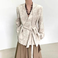 Threebooy Mens Suit Jacket Jacquard Belt Elegant Apricot Suit Neutral Chinese Style Retro Court Style Casual Long-Sleeved Top Unisex