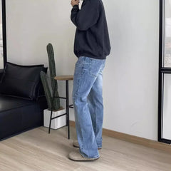 Threebooy American Style Vintage Light Blue Wash Distressed Jeans Men's Clean Fit Mid Waist Hip Hop Slim Fit Denim Pants