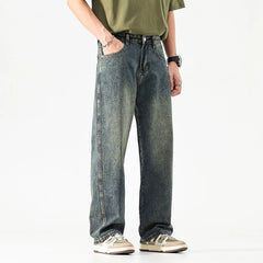 Threebooy Wide Leg Jeans Men Baggy Pants Summer Straight Cut Loose Retro Blue Denim Pants Streetwear Fashion Pockets Vintage Man Clothes