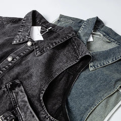 Threebooy American Casual Pure Cotton Washing Denim Vest Loose Sleeveless Horse Clip Men Women Work Pocket Trendy Vest Jacket Aesthetic