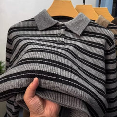 Threebooy Autumn Retro Colorblock Striped Polo Collar Knitwear For Men Korean Fashion Long Sleeve Knitted Pullovers Fleece Y2K Sweaters