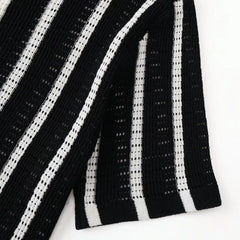 Threebooy New British Business Men Striped Polo Shirt Light Luxury Hollow Out Knit Short Sleeve T-shirts Loose Breathable Knitwear S-2XL