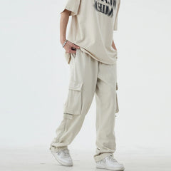 Threebooy Men Vintage Cargo Pants 2024 Spring Fashion Solid Pocket Simple Casual Loose High Street High Waist Male Straight Leg Trousers