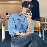Threebooy Spring Clothing Men's Denim Long-sleeved Pocket Shirt Casual Korean Turn down Button Streetwear Light Luxury Stylish 2025 New