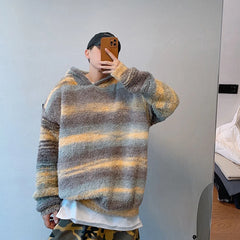 Threebooy Autumn Clothing Men's Light Luxury Striped Knitted Hooded Pullovers Sweater Casual Streetwear Long Sleeve Retro Popular Hoodie