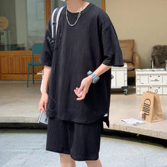 Threebooy Summer Pleated Sets Men Fashion 3-color Casual Ice Silk Sets Mens Loose Casual Short-sleeved T-shirt/Shorts Two-piece Set Men