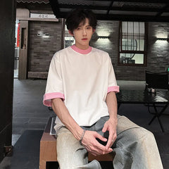 Threebooy Men Loose Fit Round Neck Contrast Collar Tshirt Trendy Streetwear Casual Comfort Top Unique Style Summer Fashion Daily Wear