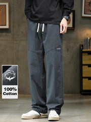 Threebooy 100% Cotton 4 Colors Men's Baggy Straight Casual Pants Elastic Waist Drawstring Fashion Korean High Street Cargo Male Trousers