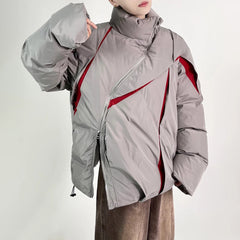 Threebooy Mens Two-Way Oblique Zipper Contrast Color Jacket Streetwear Fashion Warm Loose Comfortable Casual Jacket Men'S Clothing 2024