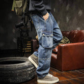 Threebooy American Style Multi Pocket Denim Pants Men Spring Autumn Loose Straight Trouser Trendy Vintage Cargo Jeans Fashion Streetwear
