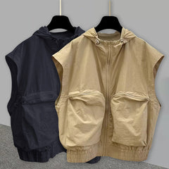 Threebooy Oversized American Vintage Hooded Vest Men Sleeveless hooded Hoodie Spring Summer Silhouette Design Denim Shoulder Pads Tank Top