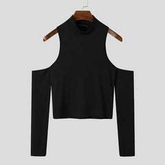 Threebooy Sexy Off Shoulder T shirts For Men High Neck Long Sleeve Tight Turtleneck Tops Summer Casual Slim Hollow Out Crop Tee Streetwear