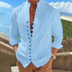 Threebooy Vintage Mens 100% Cotton Linen Shirts Long-Sleeved Stand Collar Casual Tops Spring Summer Fashion Men Clothing Retro Shirt