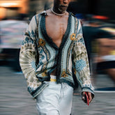 Threebooy Summer Vintage Print Shirt Men Loose Long Sleeve Turndown Collar Cardigan Tee Men's Casual Ethnic Style Shirts Streetwear