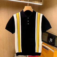 Threebooy Luxury Knit Polo Shirt British Striped Short Sleeve Slim Fit Polos Business T Shirt High Quality T-Shirt for Men Streetwear