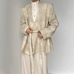 Threebooy Mens Suit Jacket Jacquard Belt Elegant Apricot Suit Genderless Chinese Style Retro Palace Campus Casual Long-Sleeve Top Unisex