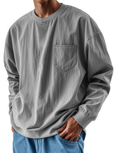 Threebooy Oversized Loose Long sleeve T-shirt For Men 2025 Spring Fashion Vintage Top Tee Solid Casual Chest Pocket Tshirts streetwear