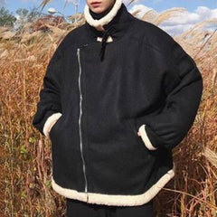 Threebooy Mens Autumn Winter Cotton-Padded Jackets Plus Velvet Thickened Lambswool Jackets Genderless Korean Loose Warm Jackets Unisex