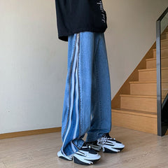 Threebooy High Street Hip Hop Men's Jeans Patchwork Zipper Design Loose Wide Legs Trousers Spring Autumn American Vintage Denim Pants