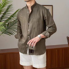 Threebooy Vintage Linen Shirt For Men Summer Thin Breathable Short sleeved Tops Light Luxury Casual Loose Stand Collar Blouse Streetwear