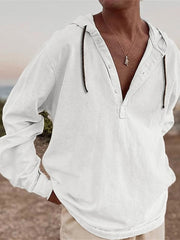 Threebooy Vintage Cotton Linen Hooded Shirt For Men Long Sleeve V Neck Hoodies Tops Fall Casual Loose Shirts Seaside Beach Blouse Clothing