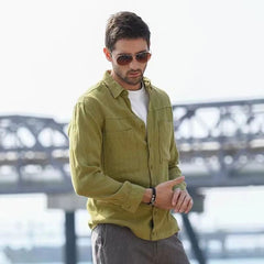 Threebooy Vintage Linen Shirt For Men Double Pocket Workwear Long Sleeved Top Spring Autumn Leisure Loose Blouse Shirts Cotton Linen Male